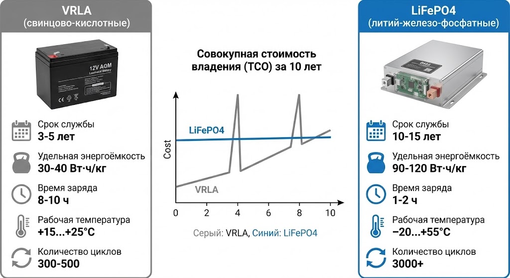 7. Сравнительная диаграмма характеристик свинцово-кислотных (VRLA) и литий-железо-фосфатных (LiFePO4) аккумуляторных батарей