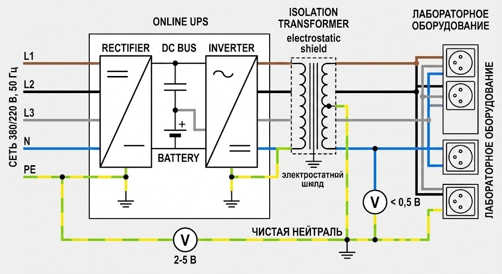 5. Схема подключения ИБП с изолирующим трансформатором, демонстрирующая формирование чистой нейтрали на стороне нагрузки