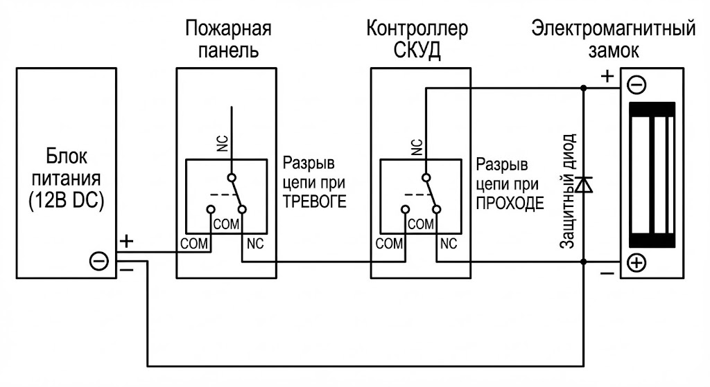 Схема аппаратной реализации интерфейса пожарной сигнализации с последовательным разрывом цепи питания